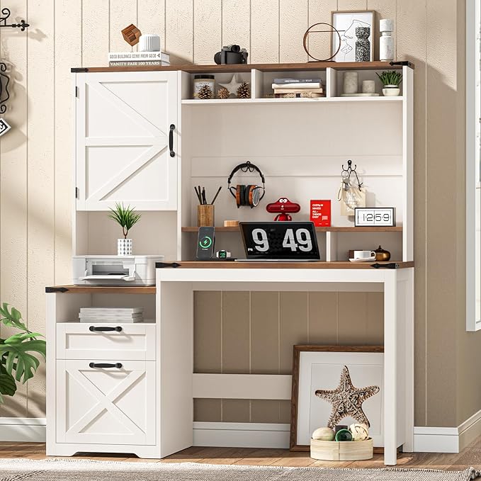Vabches 51 Executive Desk Farmhouse Home Office Desk with Charging Station File Drawer Storage Cabinet Monitor Stand Wood Computer Desk with Hutch for Work Study Writing (White)