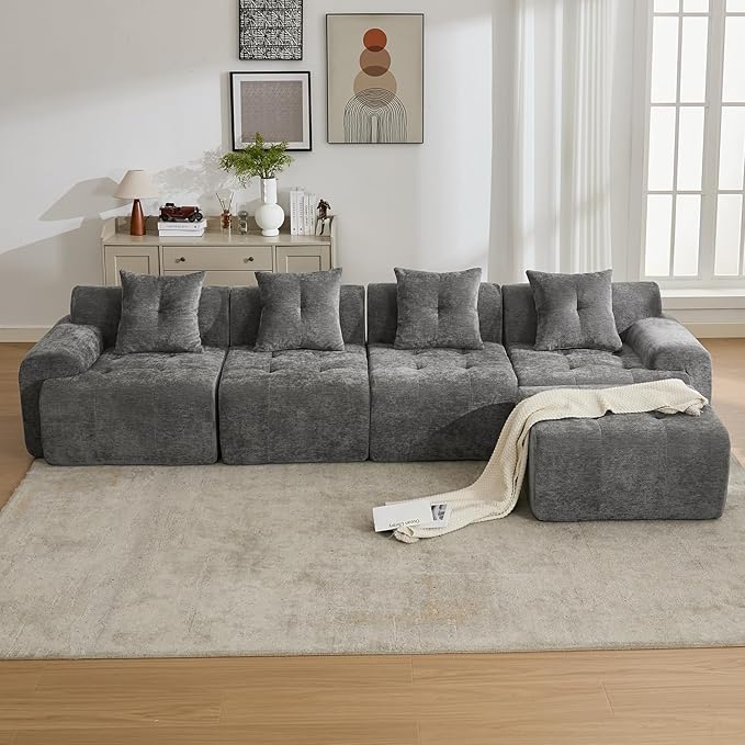 101.65” Modular Sectional Couch for Living Room Modren L-Shape Cloud Sectional 3-Seater Sofa with Movable Ottoman Woven Texture Upholstery Boneless Couch No Assembly Grey