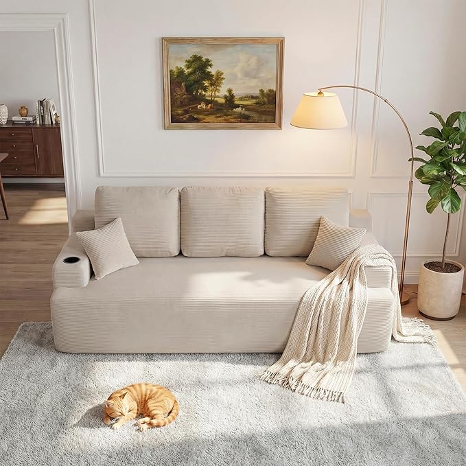 87 Modern 3-Seater loveseat Sofa Comfy Deep Seat Boneless Couch with Plush Corduroy Fabric Built-in Cup Holders &amp Side Storage Pockets for Living Room Bedroom and Apartment