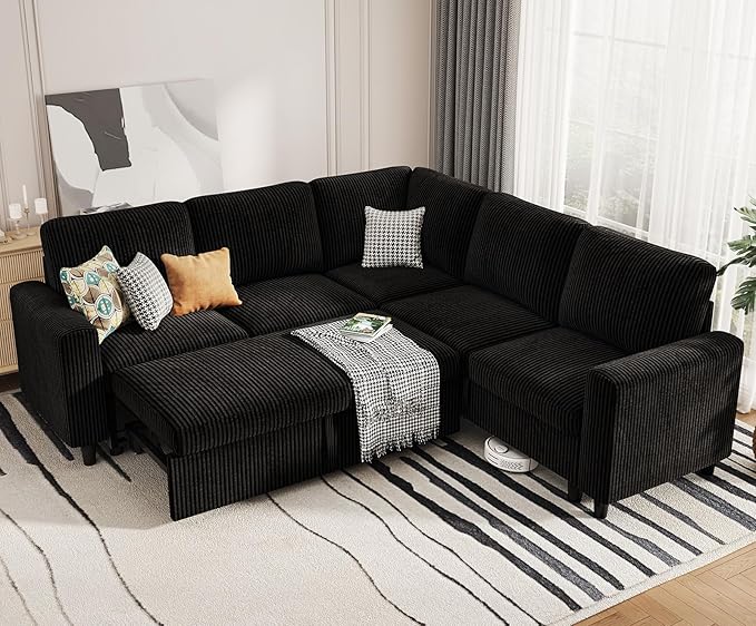 KKL Sleeper Sofa with Pull Out Bed Corduroy Sectional Couches for Living Room Modular Sectional Sofa with Storage L Shaped Sectional Sleeper Sofa Couch Black