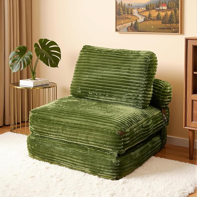 75'' Foldable Sofa Bed Convertible Sleeper Sofa with Pillow Boneless Corduroy Foldable Couch Bed Single Sleeper Chair for Small Spaces Living Room Bedroom StudioGreen