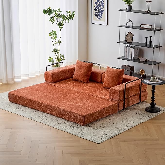 Convertible Floor Sofa Bed with Fixed-Shape Frame Modular Chenille Folding Mattress Couch with Armrest Floor Sofa Lounge Couch for Living Room Bedroom Lounge StudioBurnt Orange