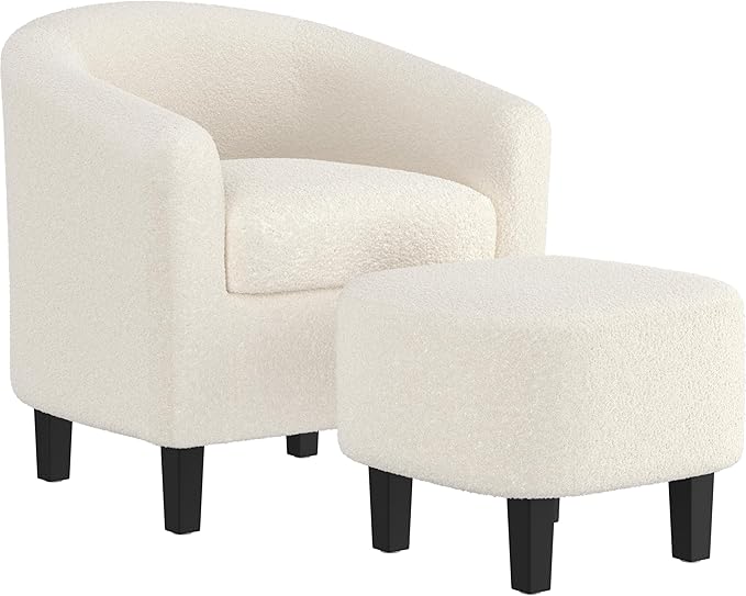 Yaheetech Accent Chair and Ottoman Set Modern Fuzzy Sherpa Barrel Chair and Footrest Comfy Boucle Armchair and Footstool for Living Room/Bedroom/Reading Room/Guestroom Ivory
