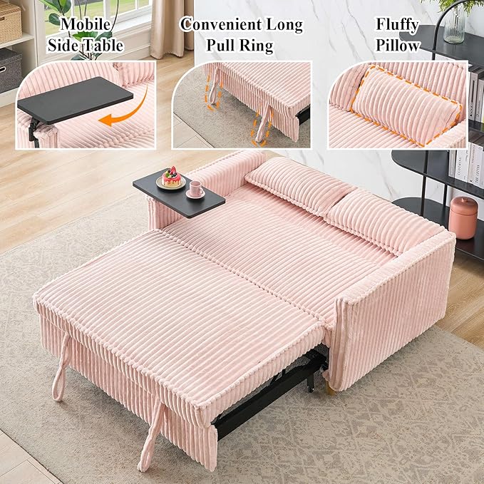 3 in 1 Pull Out CouchCorduroy Upholstered Convertible Sleeper Sofa Bed with Movable Side Table Modern Multifunctional Sofa with USB Port Cushioned Couch for Living Room (Pink)