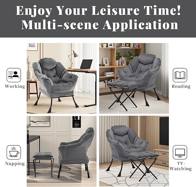 Lazy Chair with Ottoman Comfy Accent Lounge Chair with Side Pocket Modern Reading Armchair with Footrest Upholstered Sofa Chair for Small Spaces Bedroom Living Room Dorm Darkgrey