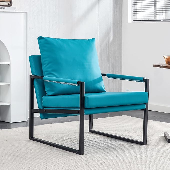 Upholstered Armchair Modern Accent PU Leather Chair Living Room Chairs with Golden Metal Legs and Soft Padded Sofa Chairs for Home Office/Bedroom/Dining Room Cyan