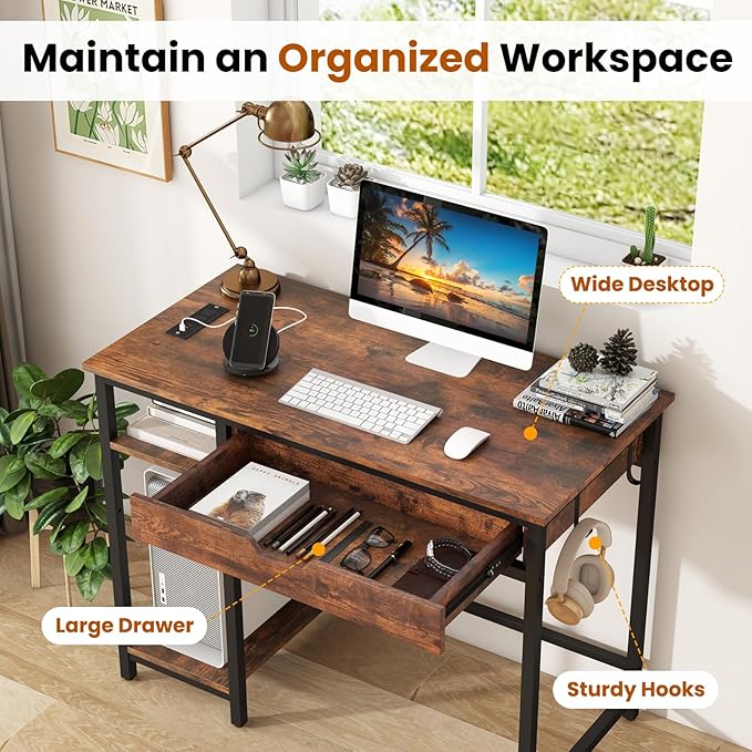 Tangkula Computer Desk with Charging Station 40” Industrial Home Office Desk with Drawer &amp Adjustable Shelf Compact Computer Workstation with CPU Stand &amp Headphone Hooks Study Writing Desk