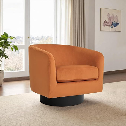 Swivel Barrel Accent Chair Modern 360° Swivel Round Barrel Chairs with Curve Back Upholstered Velvet Fabric Armchair Single Sofa Club Chair for Living Room Bedroom Orange