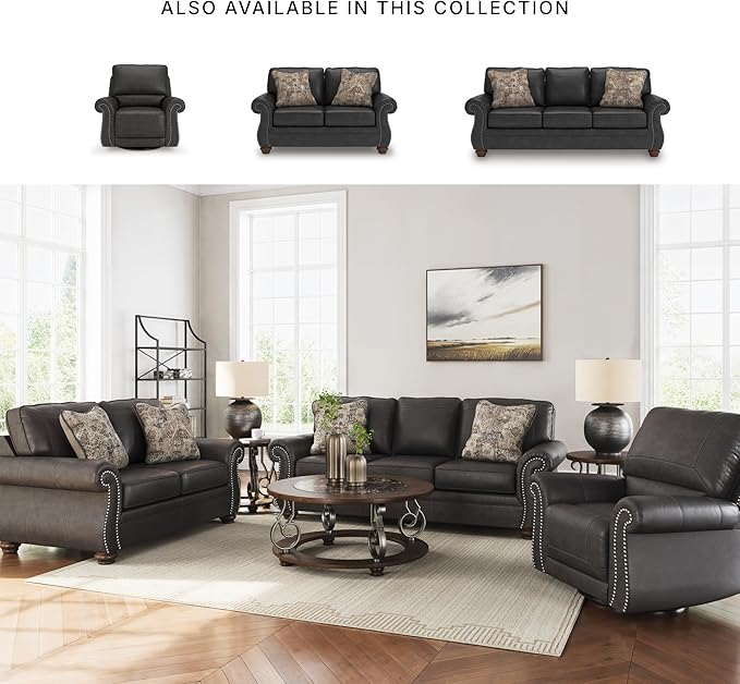 Signature Design by Ashley Chatterton Rustic Faux Leather Loveseat with Nailhead Trim and 2 Throw Pillows Reinforced Frame for Added Stability Reversible Seat Cushions Turned Legs Dark Gray