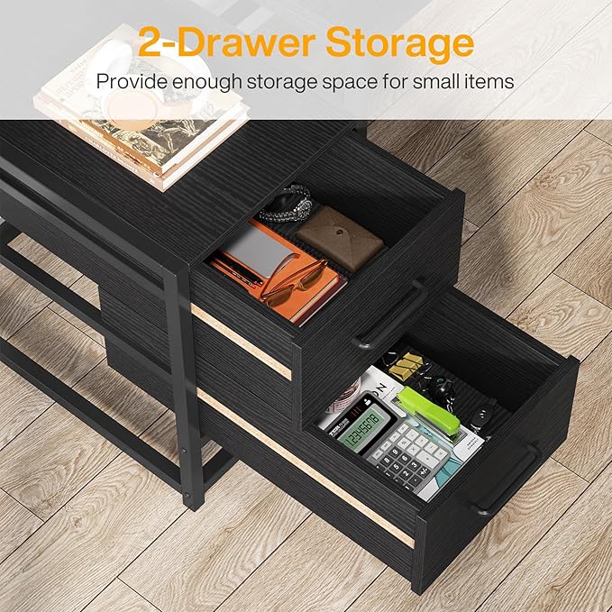 Tribesigns 55 Inch Computer Desk with 2 Drawers and Storage Shelves Rustic Office Desk with Hutch Study Writing Gaming Table Laptop Workstation for Home Office (Black)