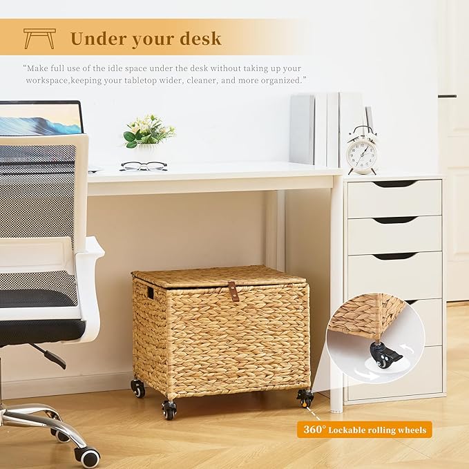 Rolling File Cabinet Basket with Smooth Rubber Casters Water Hyacinth Mobile File Organizer with Metal Frame for Home Office Fits Letter &amp Legal Hanging File Folders (Natural)