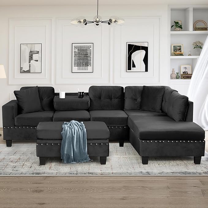 Ball &amp Cast L-Shape Sectional Couch with Storage Ottoman105 Couches for Living Room W/ 2 Pillows &amp Cup Holders6 Seat Velvet Sleeper Sofa W/Reversible ChaiseComfy Couches for ApartmentBlac
