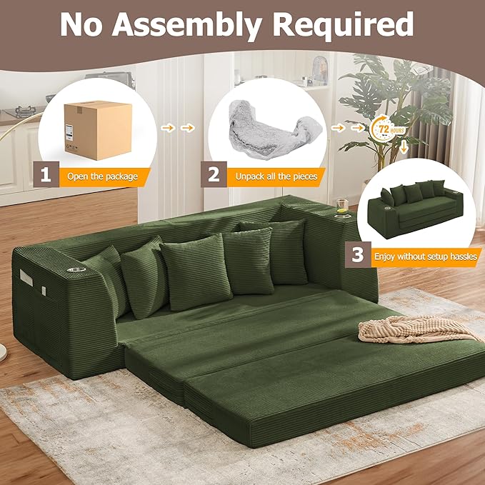 82 Oversized Loveseat Pull Out Sofa 2 in1 Convertible Loveseat Sofa with Pillows Corduroy Folding Couch Bed with Deep Seat Boneless Couch for Small Room No Assembly Required Green