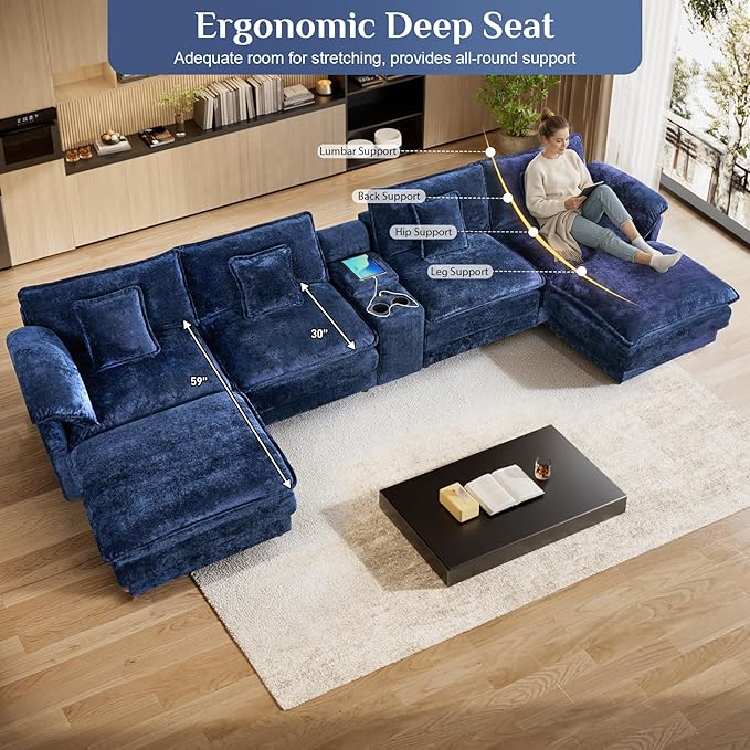 152 Oversized Modular Sectional Sofa U Shaped Cloud Couch Modern 6 Seat Sofa Set for Living Room Comfy Chenille Couch with Storage Central Console Movable Ottomans Cup Holders USB Ports Blue