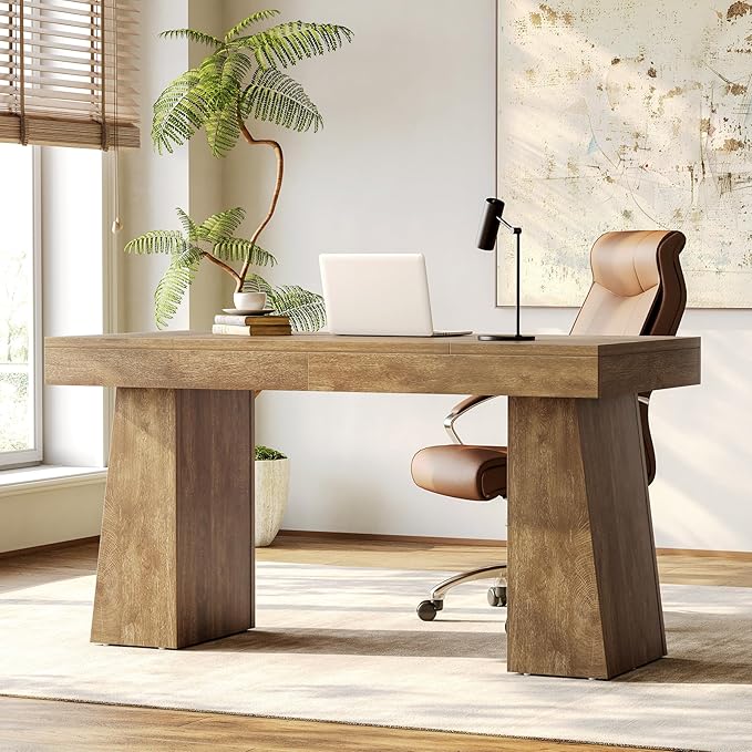 1Easylife 55 Inches Long Computer Desk Large Wooden Home Office Desk with Heavy Duty Pedestal Modern Simple Style Study Writing Table Oak