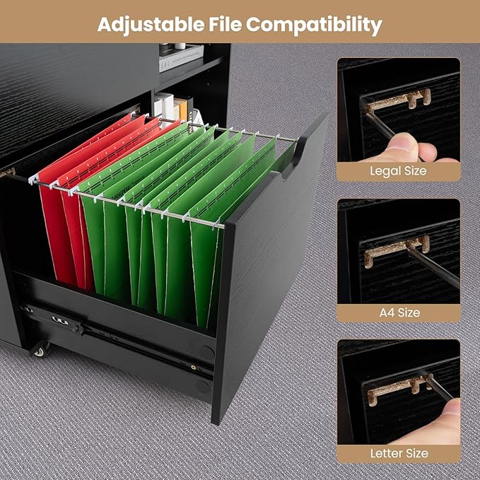 3 Drawer File Cabinet Wood Lateral Filing Cabinet for Hanging Letter A4 Legal Size Rolling Printer Stand with Adjustable Shelf Under Desk Storage for Home Office (Black)