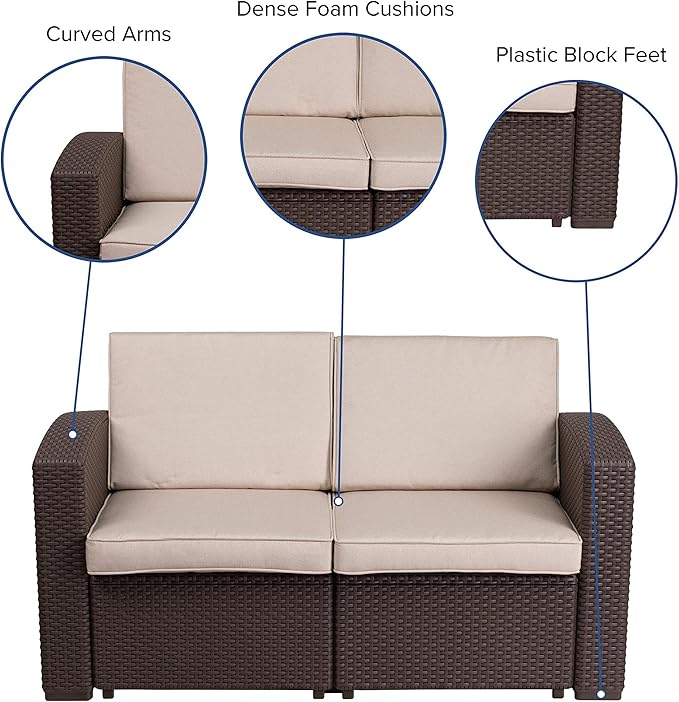 Flash Furniture Seneca Chocolate Brown Faux Rattan Loveseat with All-Weather Beige Cushions