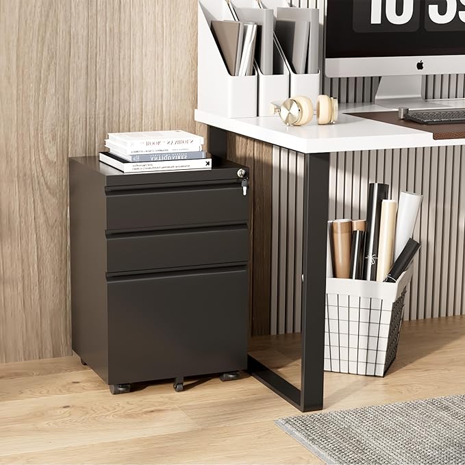 Greenvelly 3 Drawer Mobile File Cabinet with Lock Metal Filing Cabinet on Wheels Under Desk File Cabinet for Home Office Organizer Letter/Legal/A4 File (Assembly Required Black)
