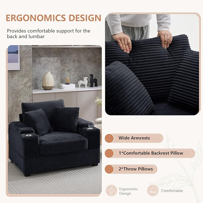 50 Oversized Chaise Lounge Chair Indoor with Ottoman and Storage Deep Seat Upholstered Reading Chair Comfy Corduroy Sleeper Chair with Cup Holder Reclining Chair for Living Room Bedroom Black