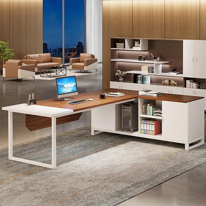 Tribesigns 70.8-Inch Executive Desk with 55-Inch File Cabinet Large L Shaped Computer Desk with Storage Cabinet and Shelves Modern L-Shaped Desk for Home Office Walnut &amp White