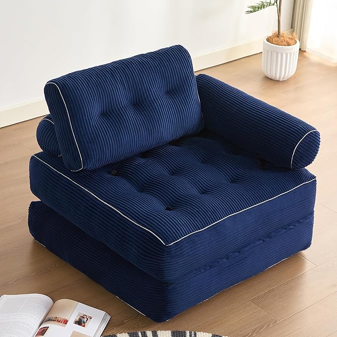 Plus Futon Sofa Bed for Small Spaces Floor Couch with Armrest Folding Sofa Couch Convertible Sleeper Chair Bed with Pillow Portable Comfy Floor Lounge for Living Room and Bedroom Blue