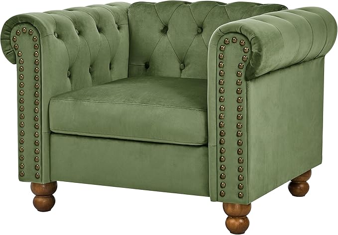 Velvet Chesterfield Chair Club Chair Tufted Single Sofa Couch for Living Room Accent Armchair with Nailhead Trim Green