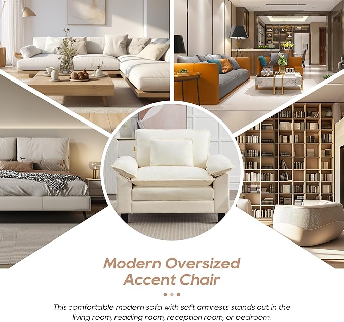 IPKIG Chenille Oversized Accent Chair - 53 W Cozy Upholstered Single Reading Armchair Modular Cloud Sofa for Living Room Bedroom Kids Room Family Room Reading Nook (Beige Chair Only)