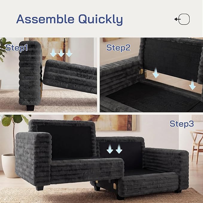 Plush Corduroy Loveseat Sofa Fluffy Love Seat Sectional Couch Oversized Deep Seat Sofa with 2 Pillows Apartment and Small Space Sofas Dark Grey