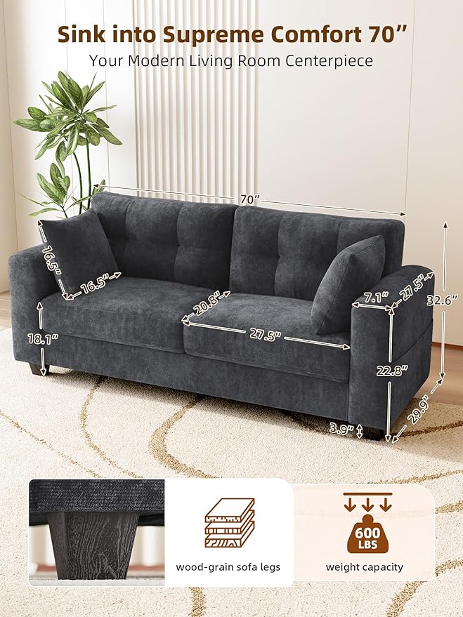 Loveseat Sofa for Living RoomModern Couch with Removable Chenille CoversWide ArmrestsSide PocketsUSB/Type-C Charging PortsEasy Assembly (70 inchGrey)