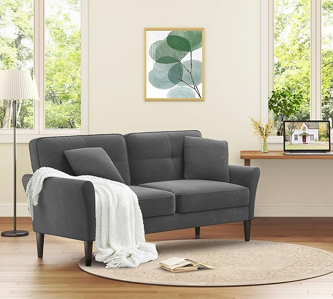 Loveseat Sofa 69 Love Seat Couches Comfy Velvet Small Sofa Couch for Bedroom with 2 Pillows Tool-Free Setup Sofas &amp Couches 700lb Load Sofas for Living Room Mini Couch for Bedroom Grey Couc