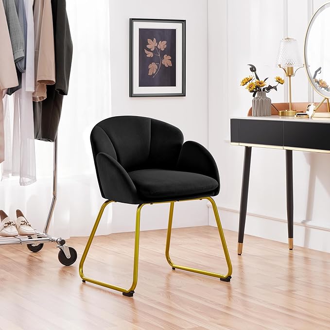 Yaheetech Modern Velvet Armchair Flower Shaped Makeup Chair Vanity Chair with Golden Metal Legs for Living Room/Makeup Room/Bedroom/Home Office/Kitchen Black