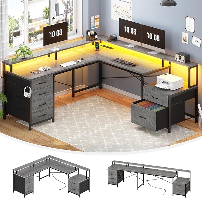 SEDETA L Shaped Desk with 6 Drawer 108 Home Office Desk with File Drawer &amp Power Outlet Corner Computer Desk with Monitor Shelf Two Person Desk Gaming Desk with Led Lights Grey