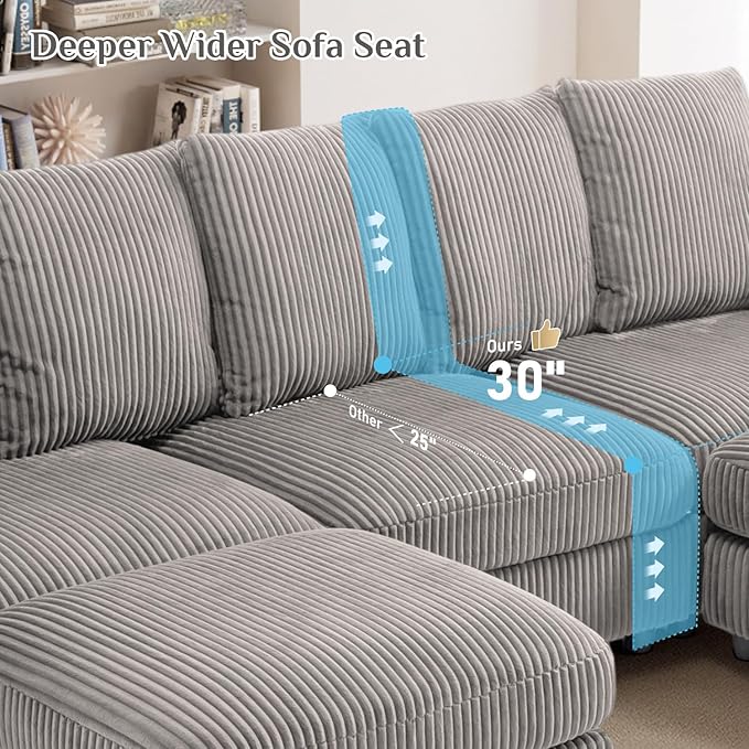 110 W x 60 D U Shape Sectional Sofa with USB Charging &amp Cup Holder &amp Storage 5 Seater Plush Corduroy Couches with Movable Ottoman Cloud Couch Sofas for Living Room DIY Combination - Light