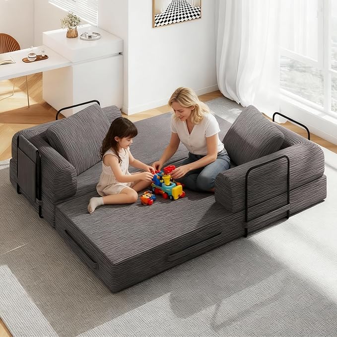 78'' Sleeper Couch Bed for Living Room Convertible Modular Sofa with Fixed Frame &amp Side Pocket Corduroy Futon Boneless Couches in a Box No Assembly Gray