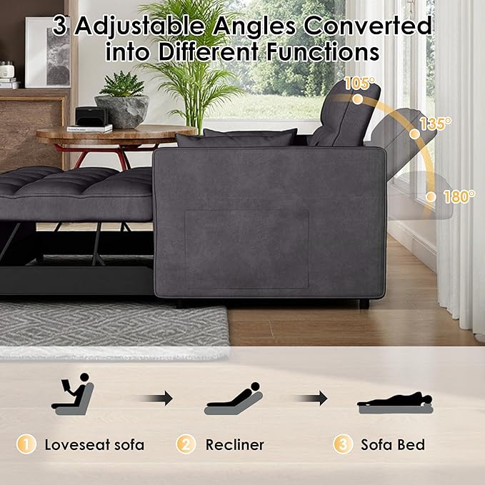 Dreamzie 3 in 1 Convertible Sleeper Sofa Bed Pull Out Couch for Living Room with Side Pocket Loveseat Sleeper with Adjustable Backrest (Fabric Dark Grey)