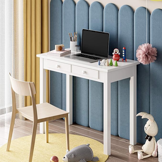 ADORNEVE Small White Writing Desk with Hutch and USB Ports 31.5 inch Home Office Desk with Drawers Study Table for Kids/Student Makeup Dressing Table Save Space Gifts