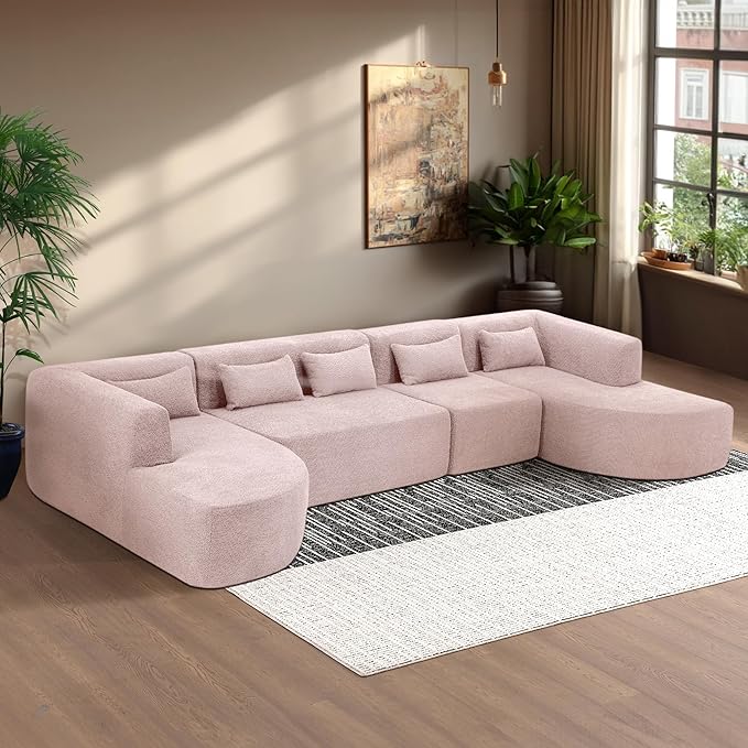 144 Oversized Sectional Couches for Living Room Modern Luxury Chenille 5-Seater Sofa Deep Seat Curved Cloud Couch Modular Sofa with Chaise Lounges &amp 5 Pillows No Assembly Required (Pink)