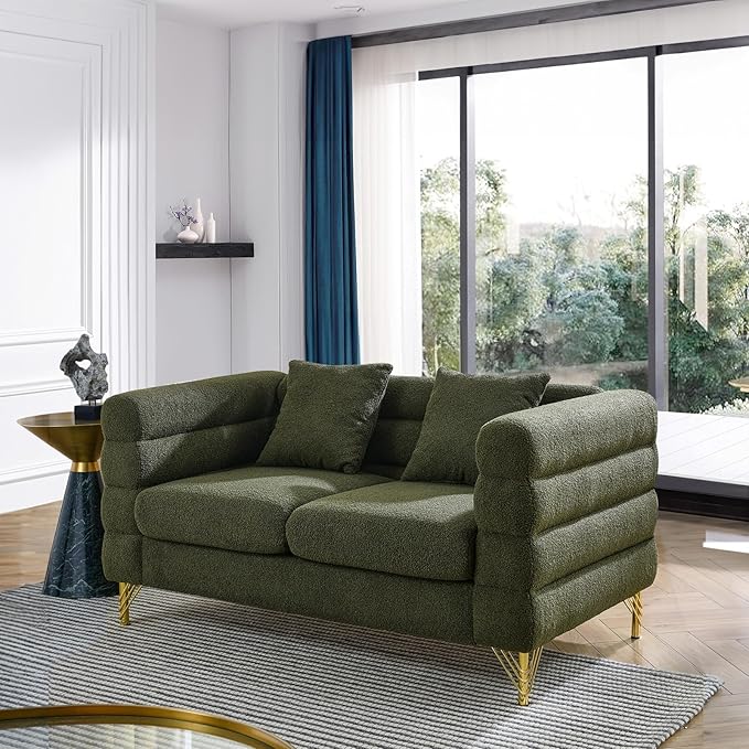 Loveseat Sofa Modern Couch 60 W Teddy Bouclé Comfy Cloud Sofa with Gold Legs &amp Pillows Upholstered Tufted Deep Seat Cozy Sherpa Couch for Living Room Bedroom Office Apartment(2 Seater Green