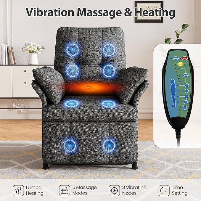 Power Recliner Chair for Adults with Heat &amp Massage - Linen Electric Reclining Sofa with Remote Control 3 Side Pockets 180° Lay Flat Sleeper for Living Room Home Theater Dark Grey