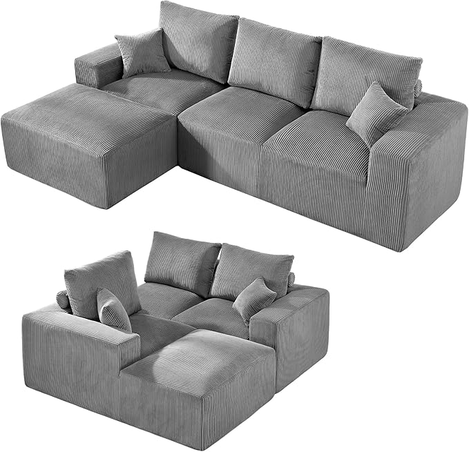 108 Modular Cloud Sectional Sofa 17.8 Comfort Height &amp Neck Pillow Modern Corduroy Couch with L-Shape Oversized Chaise for Living Room Bedroom No Assembly Required (Grey)