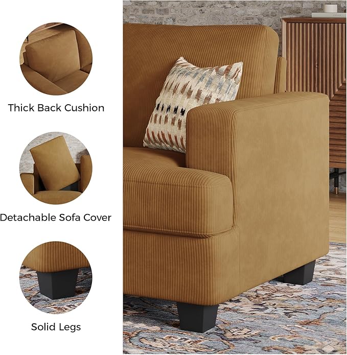 63 Inch Sofa with Extra Deep Seats Oversize Corduroy Fabric 2 Seater Sofa for Living RoomModern Couch and Loveseat Comfy Armrests and Seats and Backrests Easy Installation Ginger Yellow