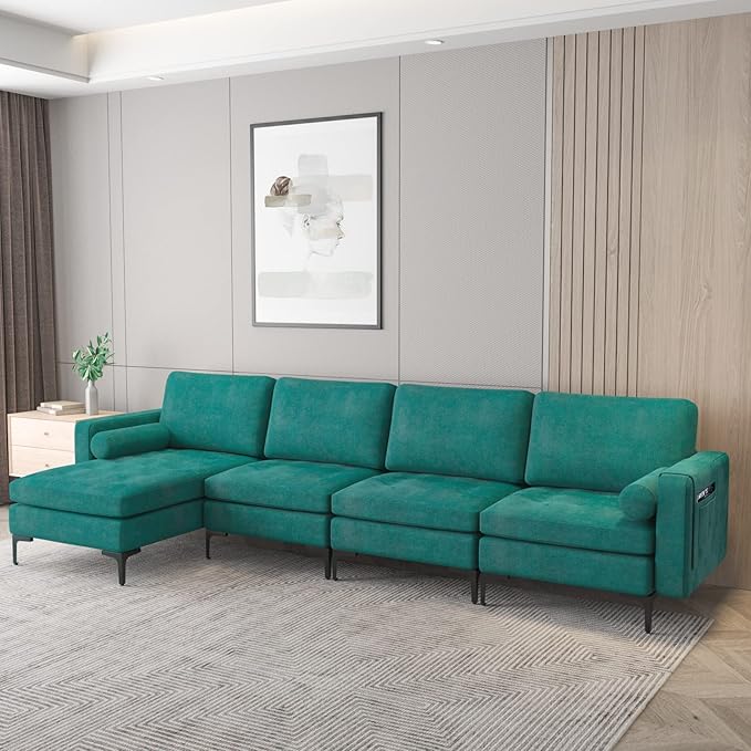 Giantex 128 Extra-Large 4 Seat Sofa Sectional Couch with USB Ports 3-Hole Socket Storage Box Magazine Pocket L-Shape Modular Sleeper w/Convertible Chaise Lounge Bolsters Family Living Room