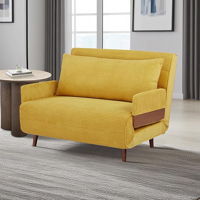3-in-1 Convertible Sofa Bed Futon Loveseat Couch with Pillow Adjustable Backrest &amp Removable Armrests Recliner Sleeper Sofa for Small Spaces Living Room Bedroom or Office Mustard Yellow