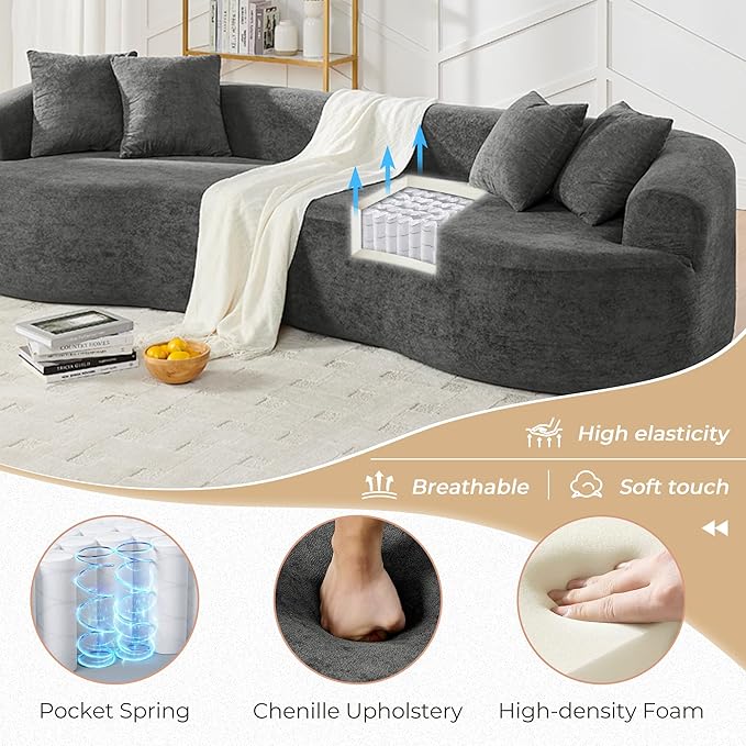 112'' Oversized Curved Modular Sectional Sofa Upholstered Chenille Boneless Couch Comfy Cloud Compression Sofa with Extra Deep &amp Wide Seat for Living Room Apartment Office Dark Gray