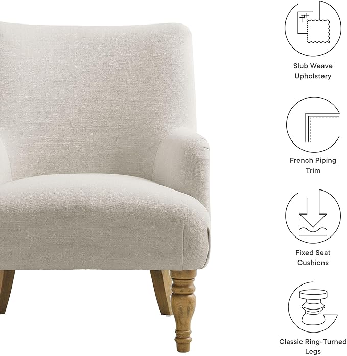 Modway Ellington Living Room Accent Armchair in Salt – Fabric Upholstered Reading Arm Chair with Wooden Legs – Modern Lounge Chair with French Piping Trim