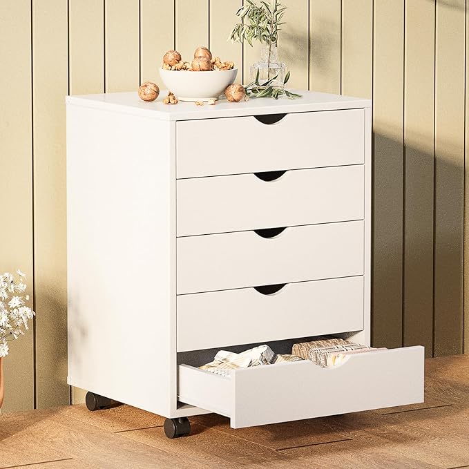 NEWBULIG 5 Drawers File Cabinet Under Desk Storage with Wheels Small Rolling Office Filing Cabinets Chest of Dawers for Home Office White