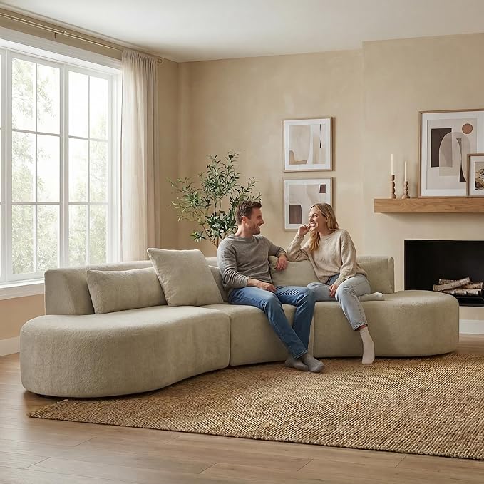 CHITA Curved Sectional Sofa with Lumbar Pillows Modular Cloud Boneless Couch with 2 Throw Pillows Modern Comfy Chenille Loveseat for Living Room Bedroom Office No Assembly Required Pearl Gray