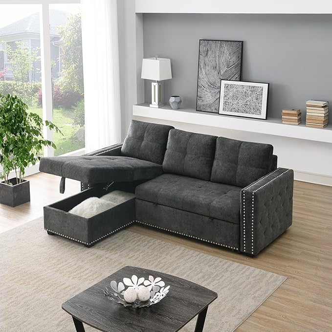Morden Fort Pull Out Sofa Bed with Storage 91'' Oversized Sleeper Modular Sectional Comfy L-Shape Couch for Living Room Apartment Faux Leather Dark Grey