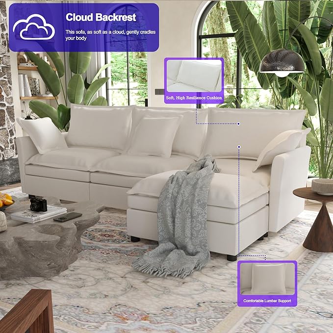 112 Inch Cream White Cloud Sectional Couch - Wide Pillow Edge Chenille Comfy Upholstered 3 Seater Modular Sofa with Ottoman L Shaped Couches for Living Room Apartment Office