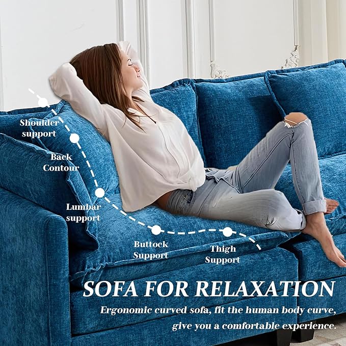 SoarFlash Chenille 77.95 Sectional Sofa Comfy L Shaped Modular Coush Sofa with Ottoman Modern 2 Seat Couch Deep Seat Sofa Set for Living RoomBlue